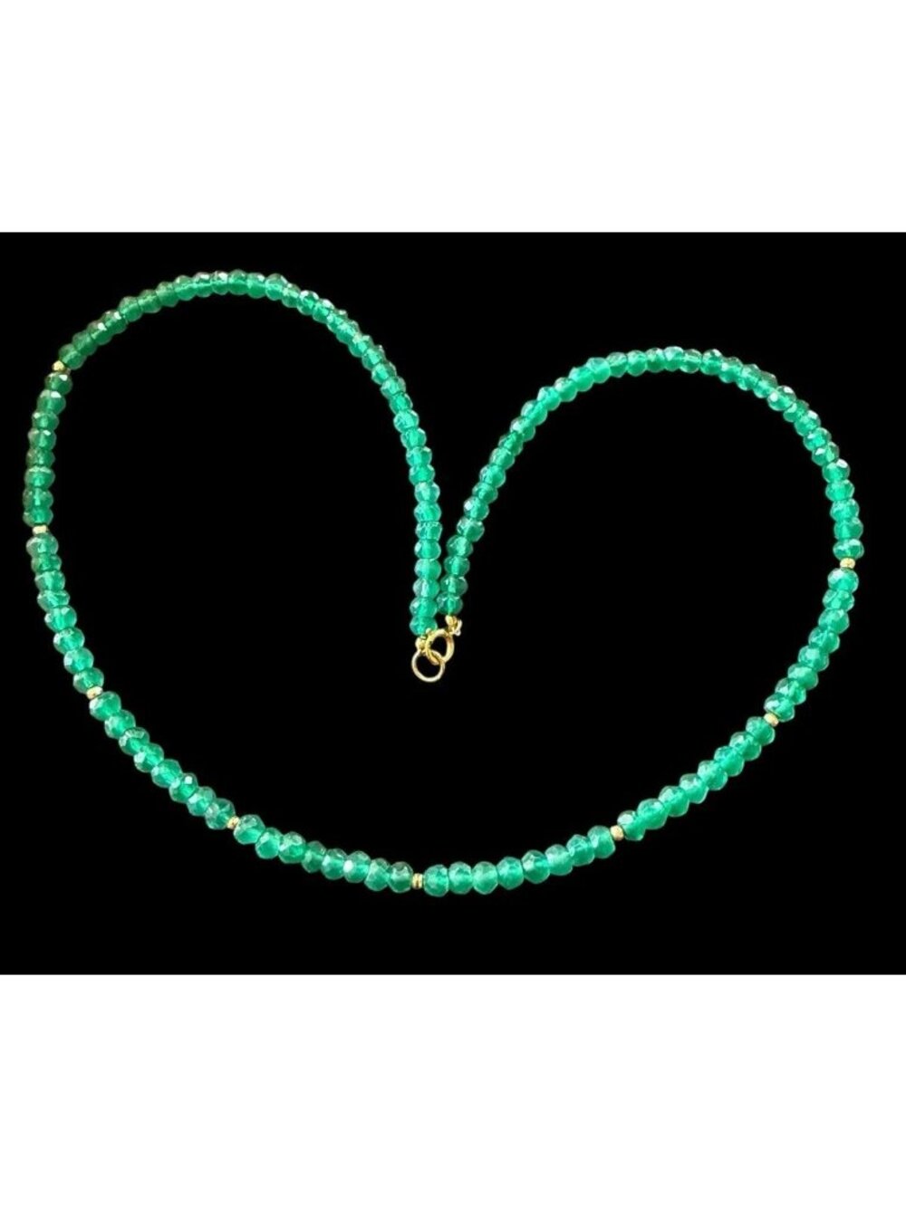 14K Yellow Gold Faceted Green Onyx Gemstone Rondelle Bead Strand Necklace
